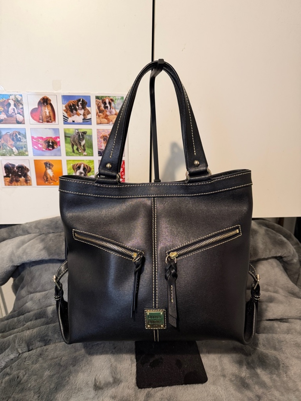 Dooney & Bourke Black Leather Tote with Gold Hardware Accents